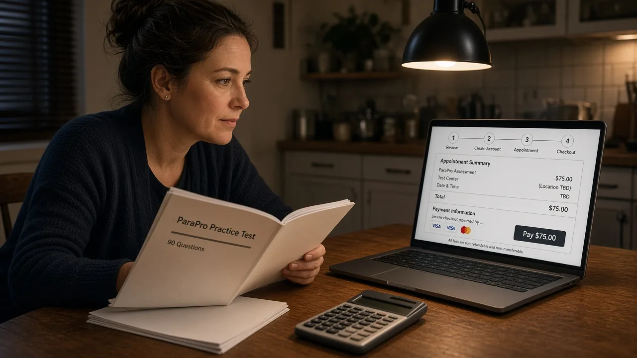 Adult learner comparing a free printed booklet with an official test-registration screen, calculator closed