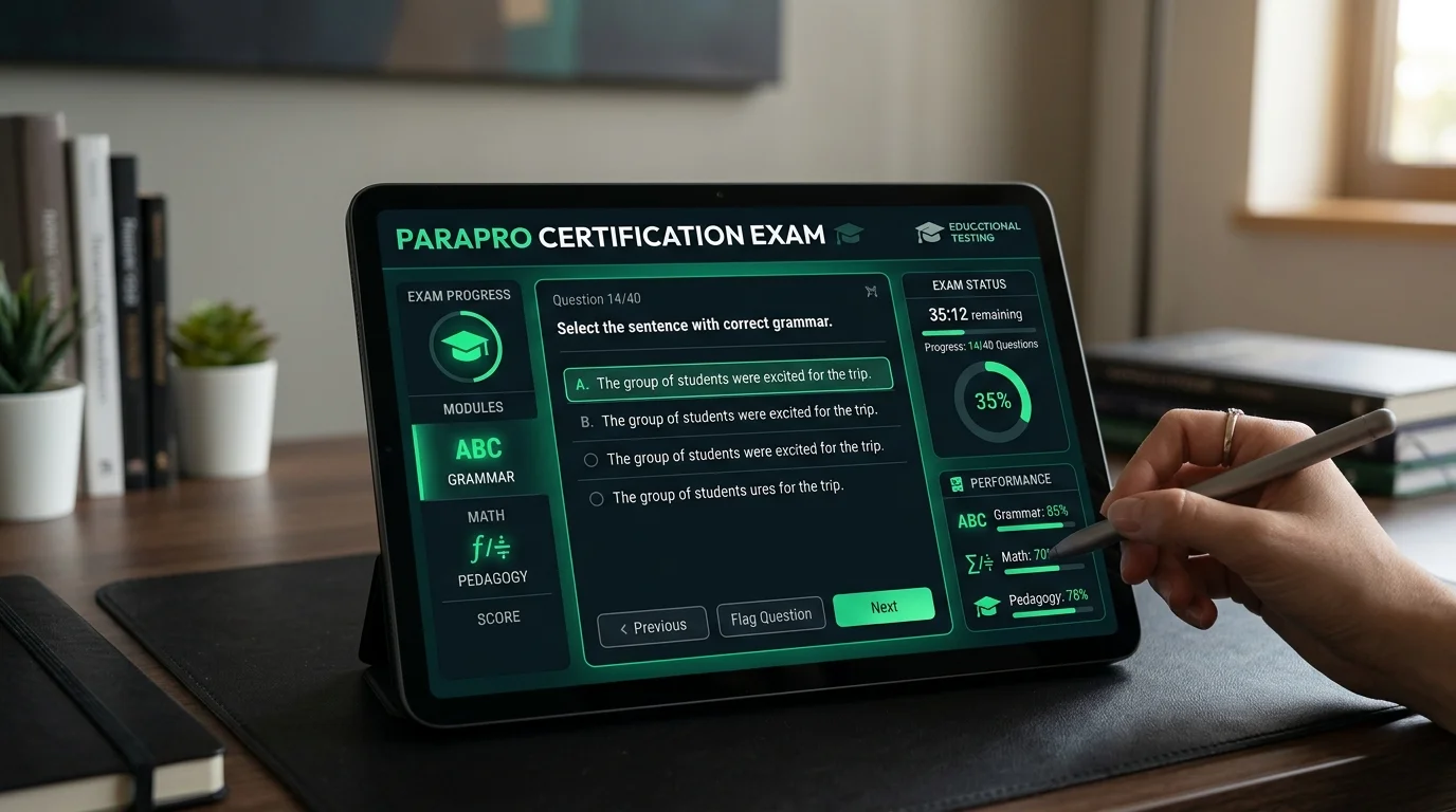 ParaPro and Paraeducator practice test examination interface showing diagnostic scoring and domain breakdown