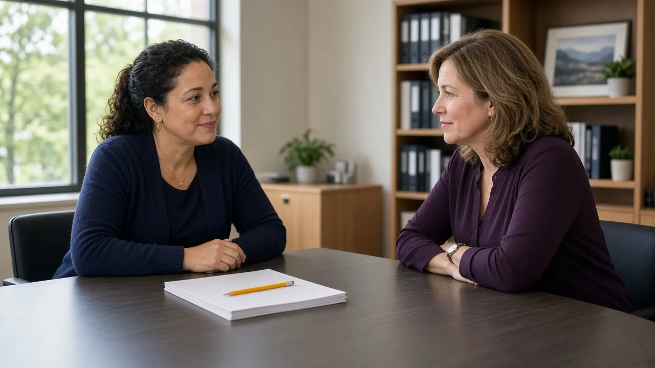 Kentucky Paraeducator Assessment: a paraeducator and a district coordinator review a paper test booklet