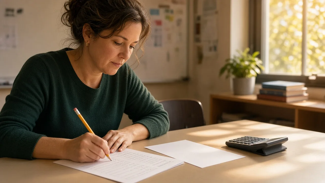 Adult learner taking a paper multiple-choice test with scratch paper and no calculator