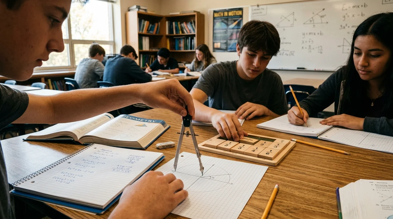 Classroom mathematics instructional setting with algebra and geometry materials