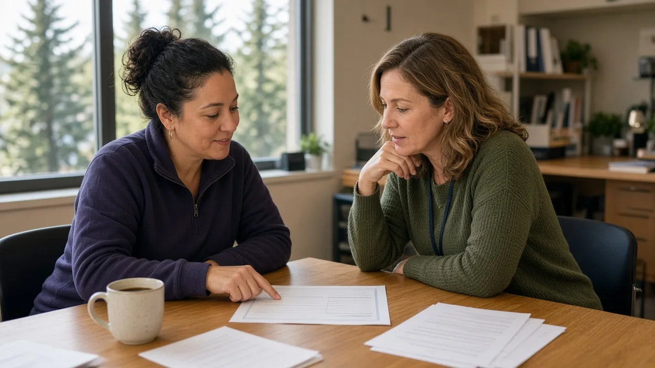 OSPI paraeducator certification: a Washington paraeducator and district trainer review a printed clock-hour pathway checklist in a staff workroom
