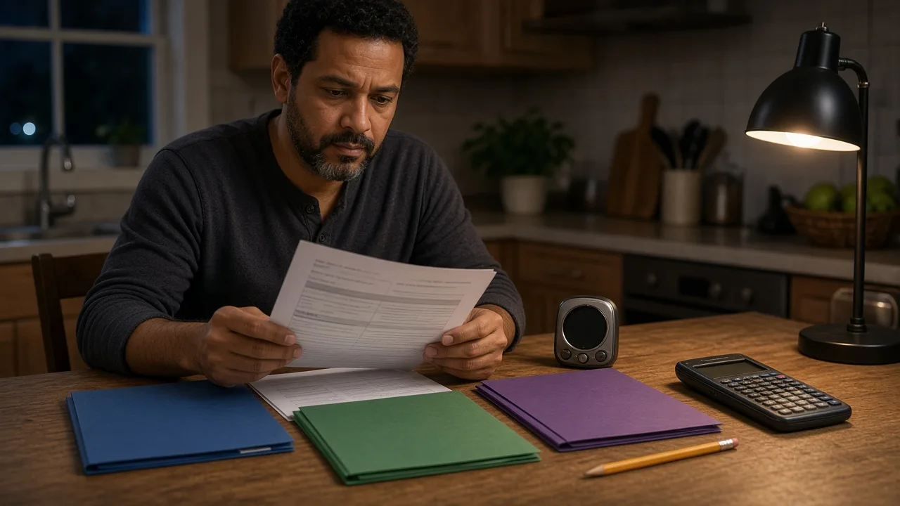 Paraeducator study guide desk with three color-coded folders, a timer, and a closed calculator set aside beside printed practice pages