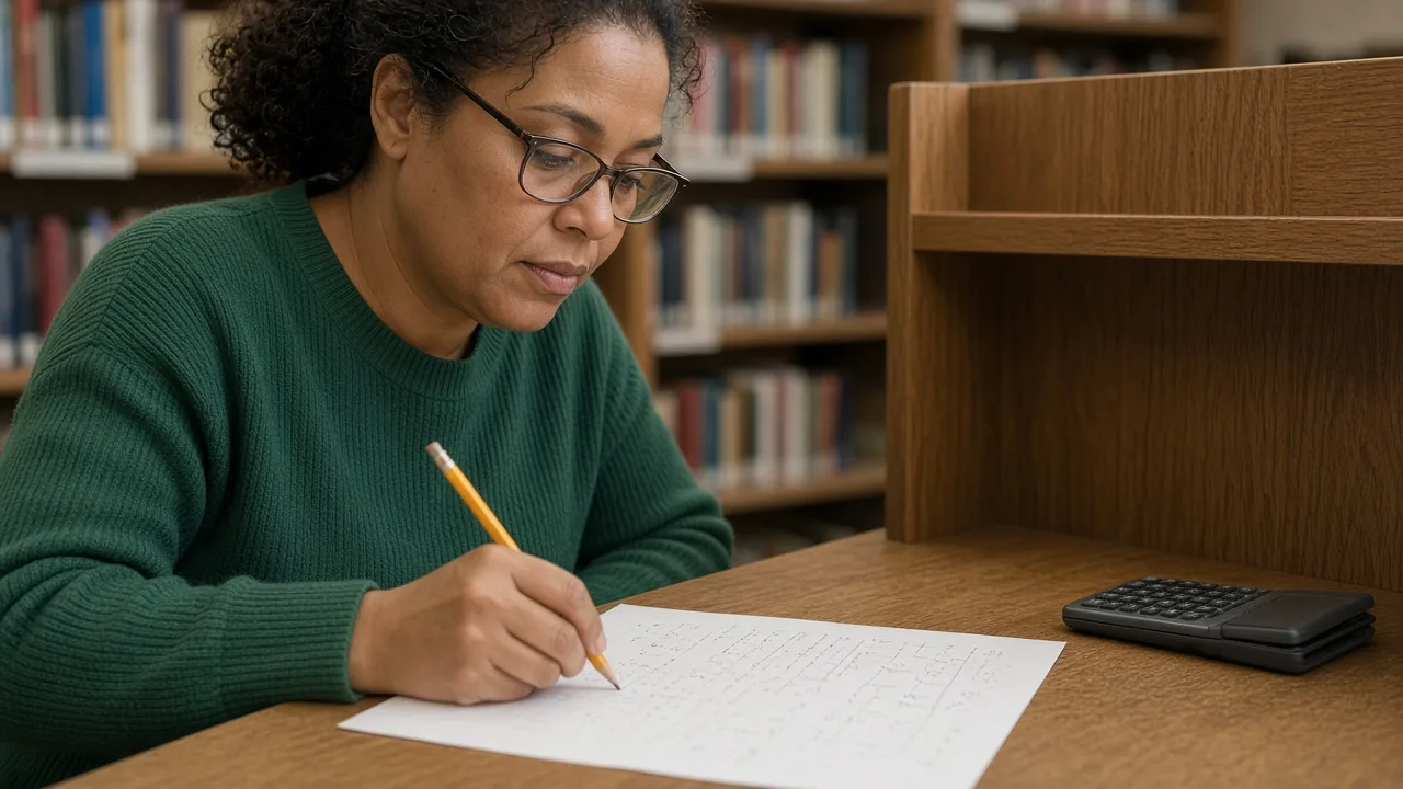 Close-up of an adult learner working fraction and percent word problems on paper in a school library carrel with no calculator in use
