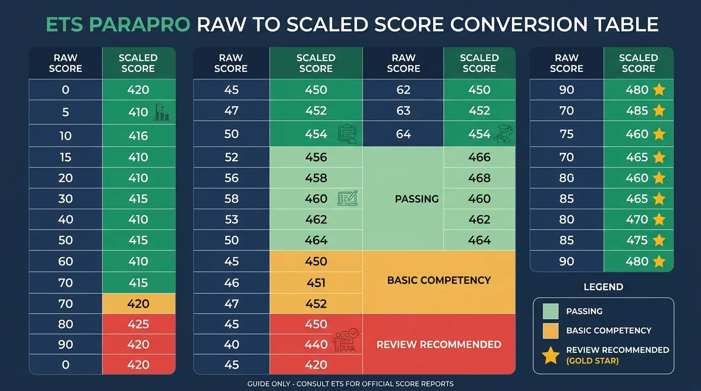 ETS ParaPro Assessment Raw Score to Scaled Score Conversion Chart mapping 0 to 90 correct questions to 420 to 480 score bands