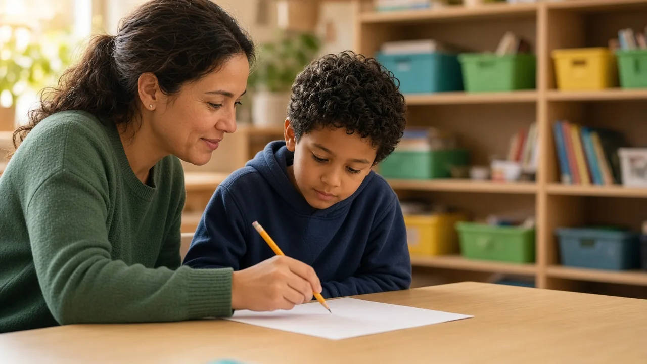 Paraeducator and student estimating a word problem on scratch paper without a calculator