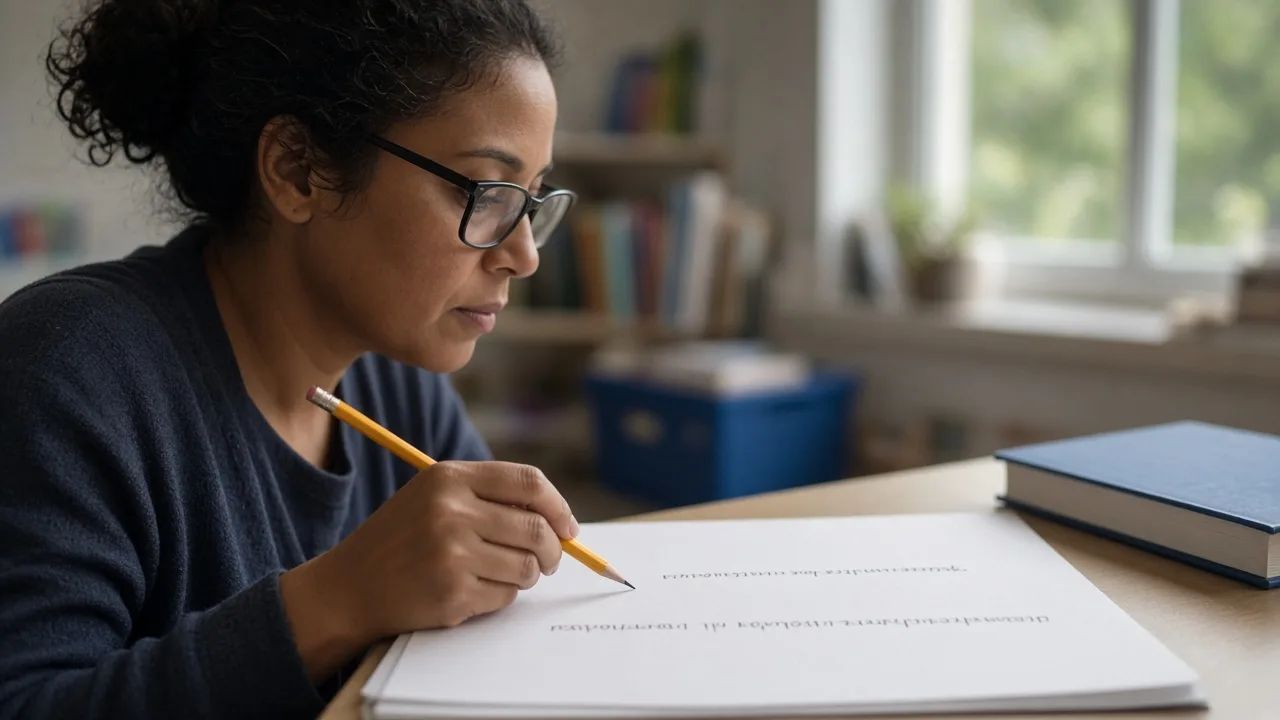 Paraeducator editing a student page that shows a short incomplete line beside a full sentence