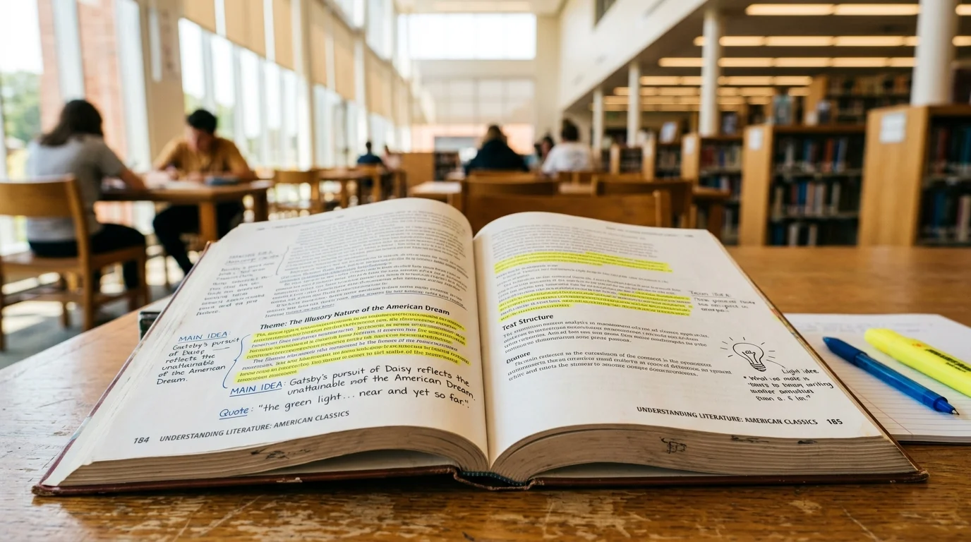 Student reading comprehension study materials and highlighted main idea notes