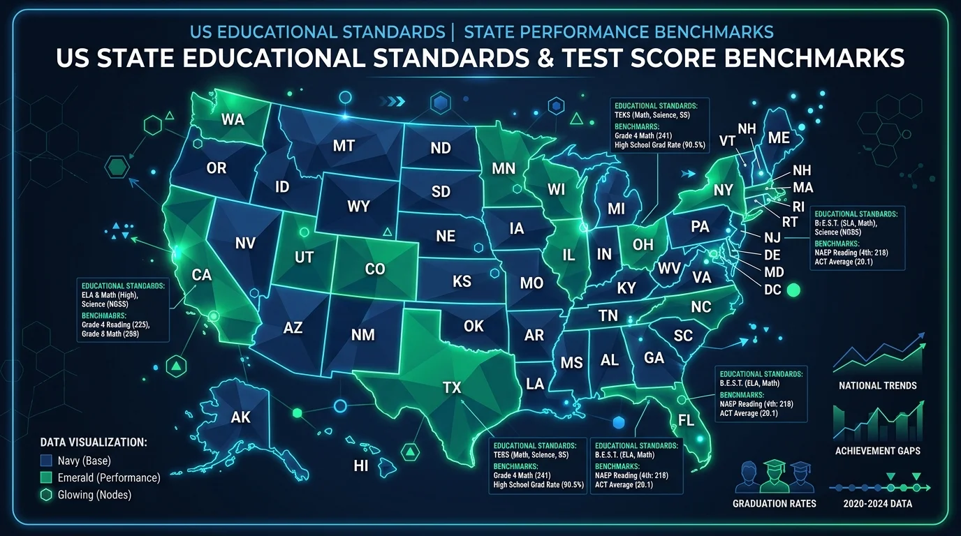 United States digital map displaying state educational test score benchmarks