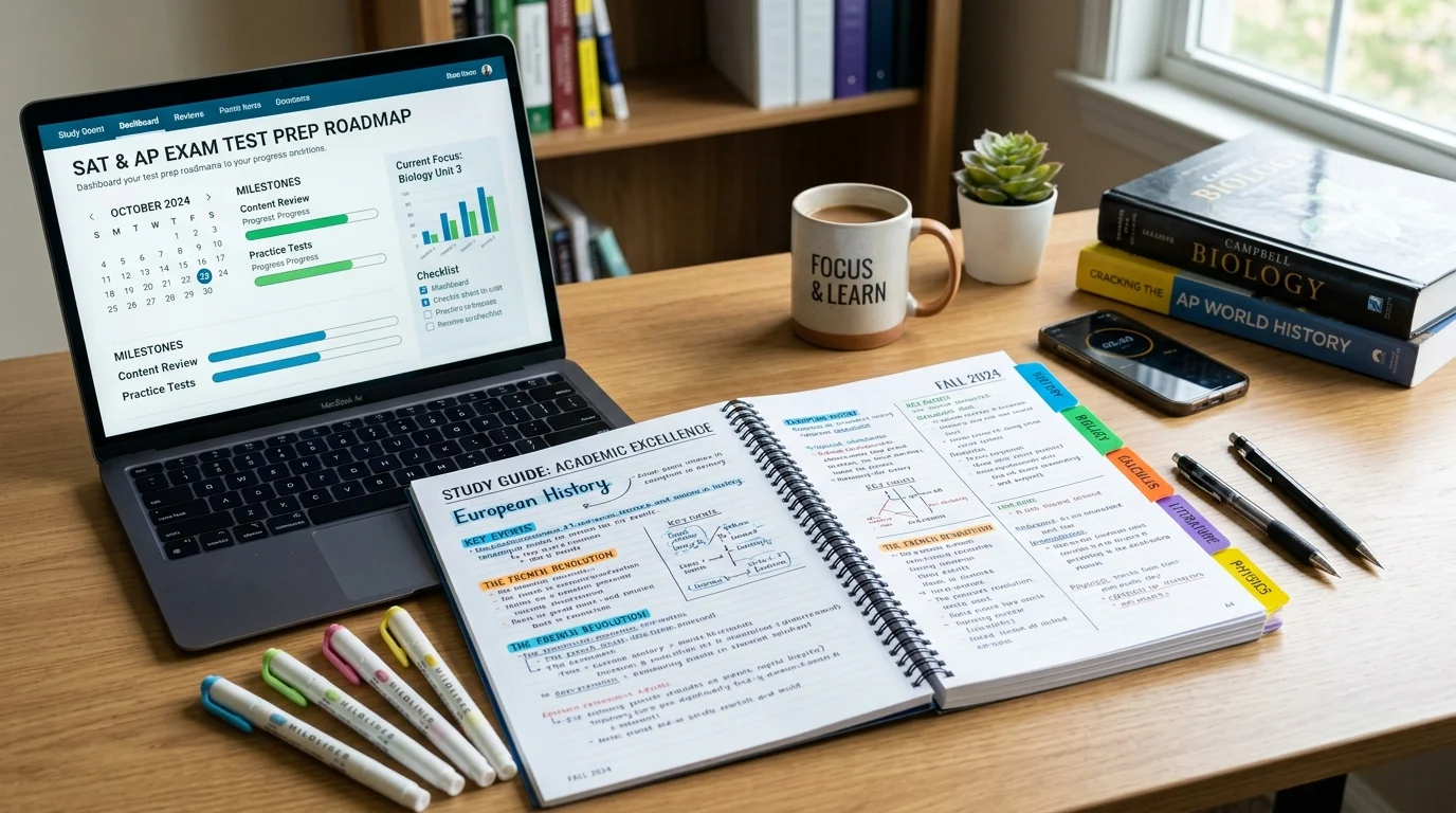Comprehensive educational study guide notebook with color-coded tabs and test prep roadmap