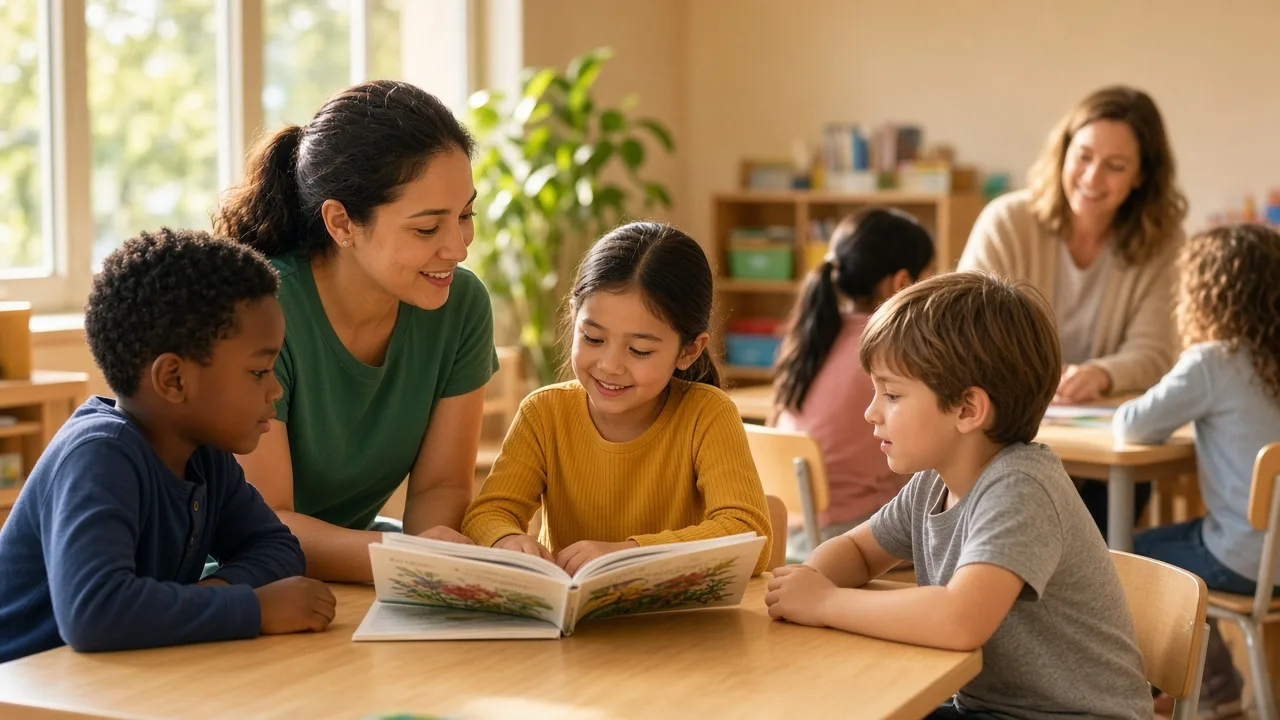 Educational aide helping students at a reading table while a teacher leads a nearby group