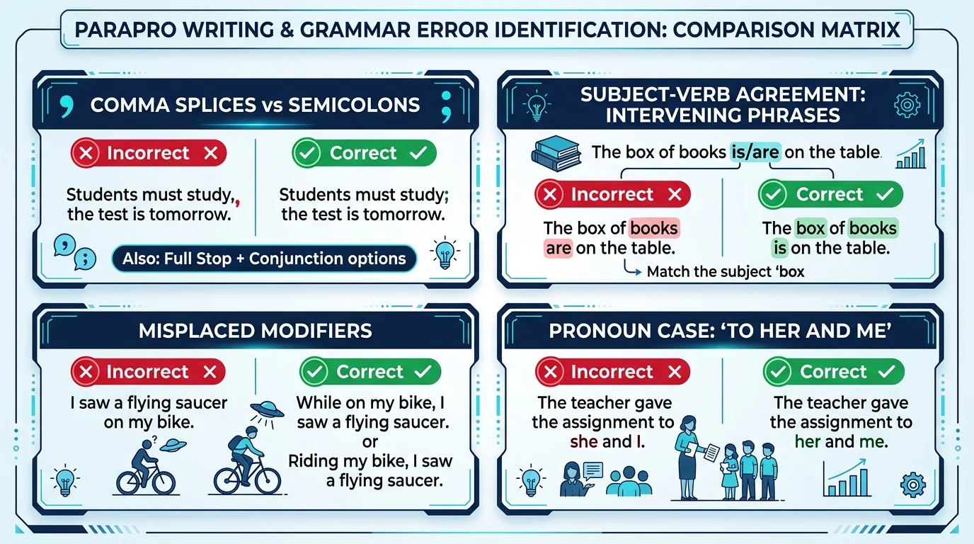 ParaPro Writing Grammar Mechanics Matrix showing Comma Splices, Subject Verb Agreement, and Pronoun Case Rules