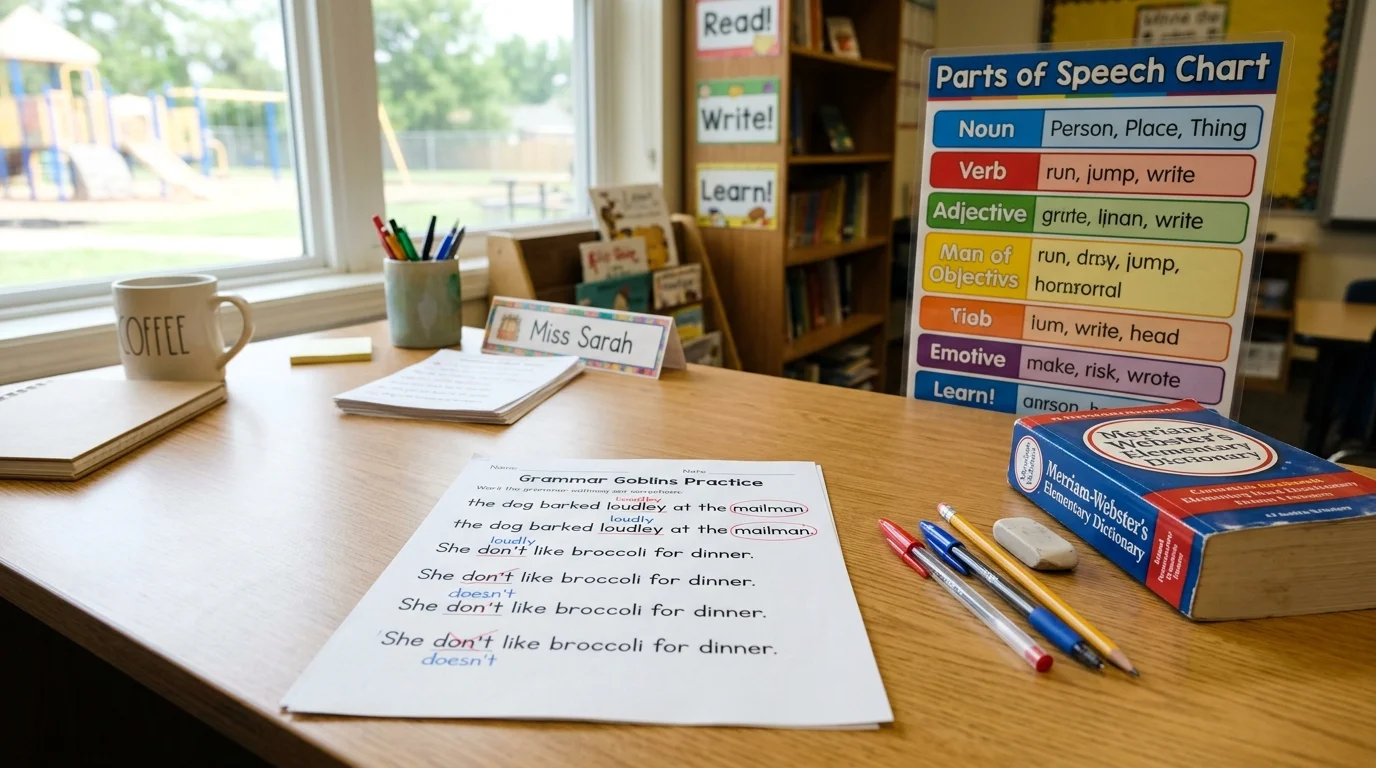Teacher assistant workstation with grammar worksheets and parts of speech charts
